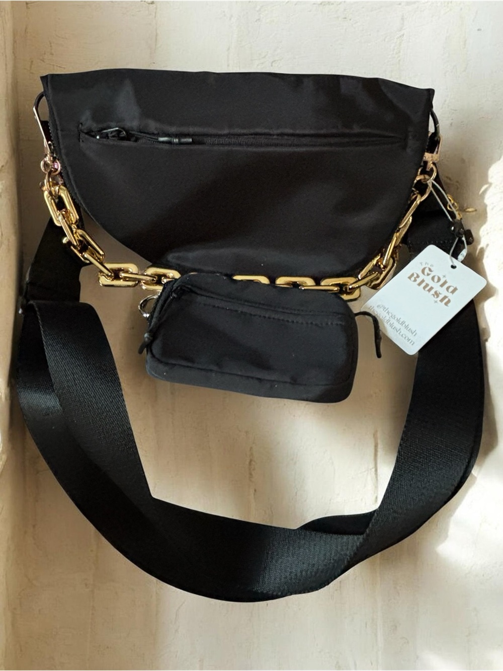 Iris and rainbow Black Nylon Crossbody Belt Bag with Gold Chain